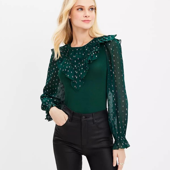 LOFT Shimmer Dotted Ruffle Yoke Top
- Sz Large - Picture 1 of 11